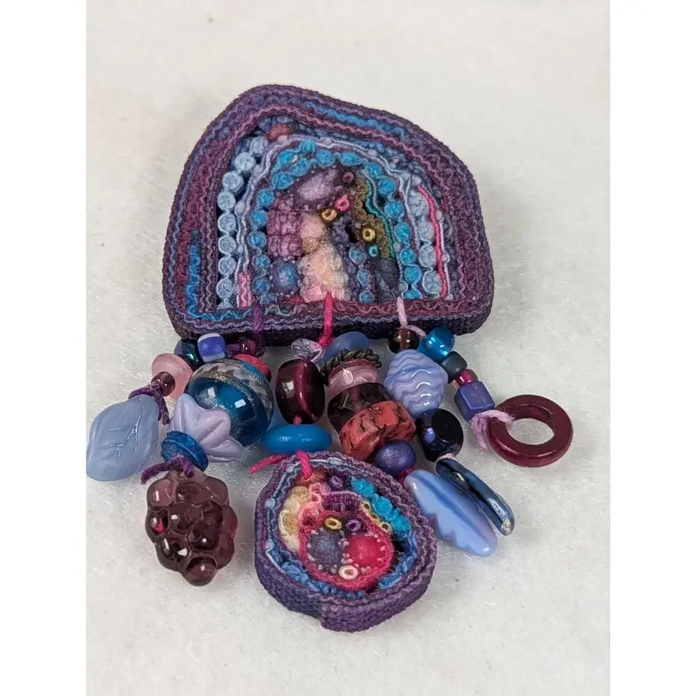 Handmade Fiber Art Pin Brooch - Mixed Media & Art beads- Juried Gallery Piece